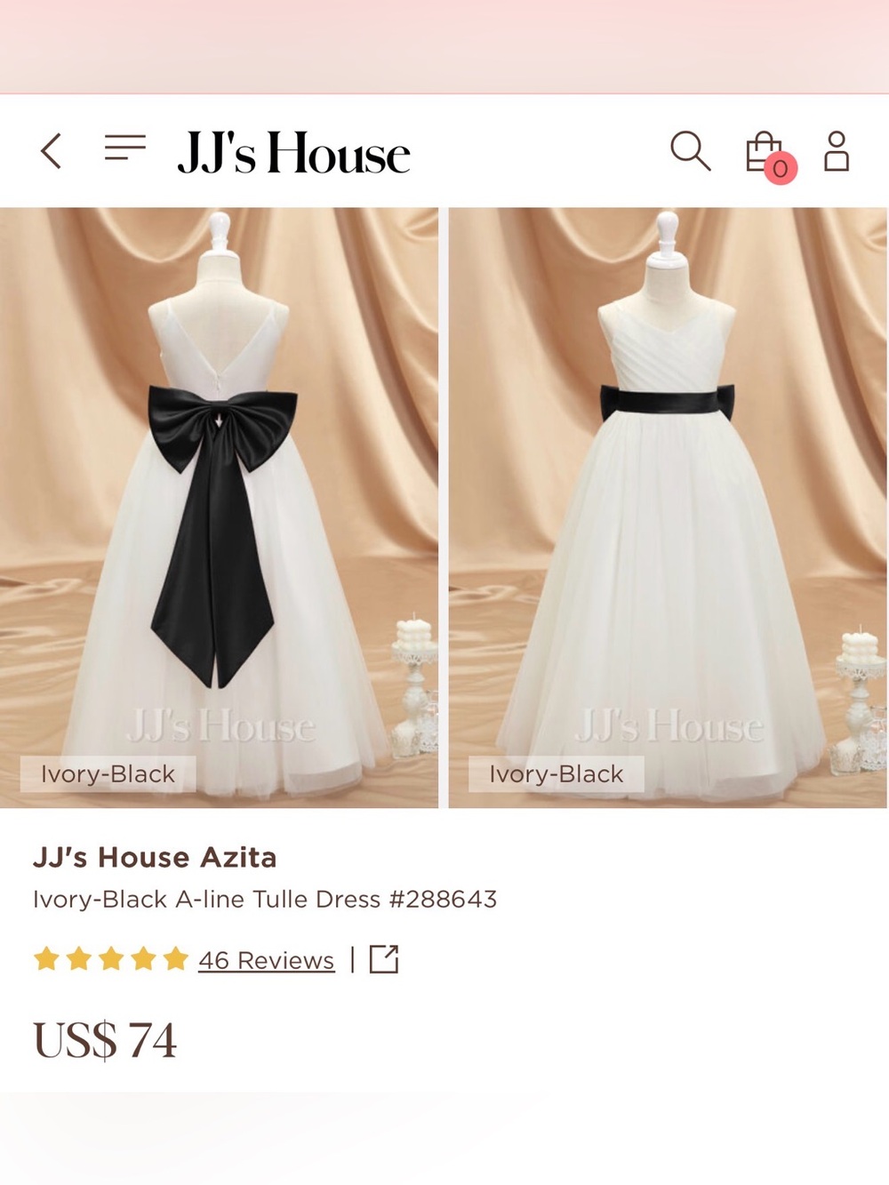 JJs House Ivory and Black A-Line Tulle Flower Girl Dress with Sash Bow
